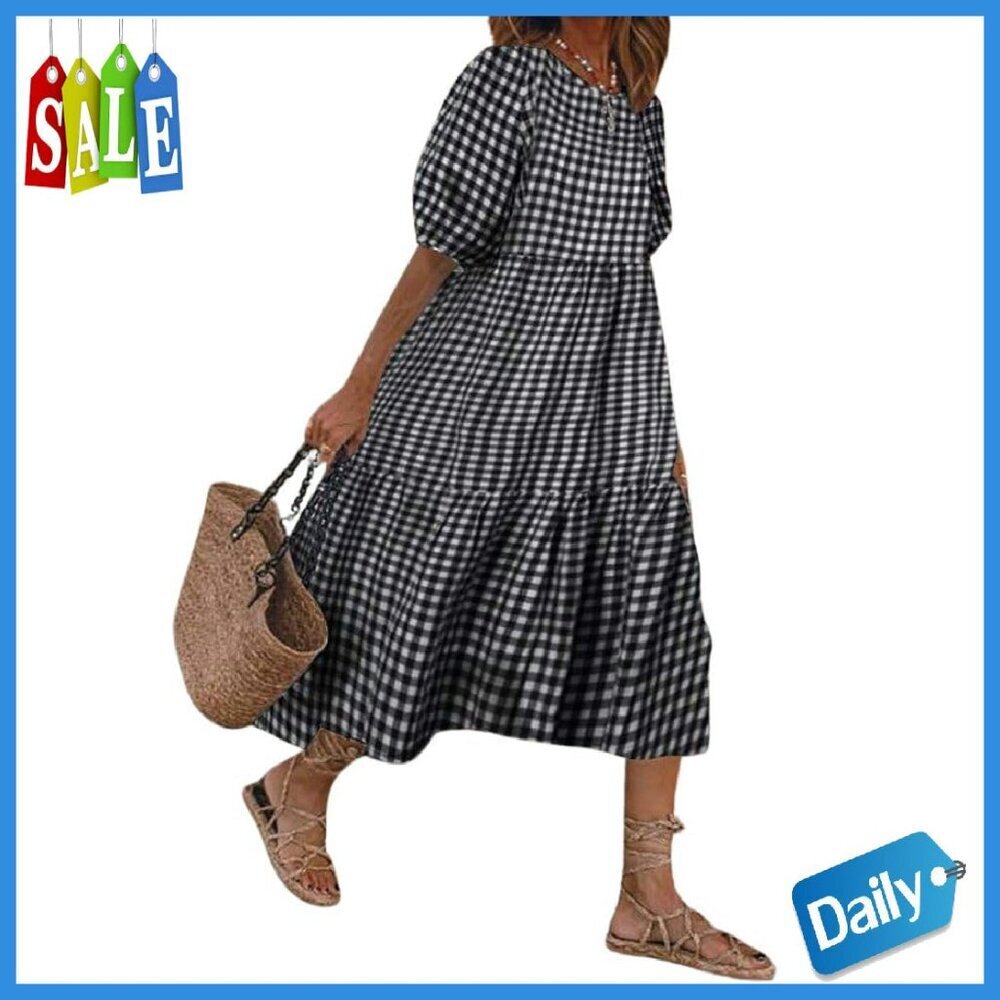 Retro Lantern Sleeve Plaid Swing Dress Midi Length